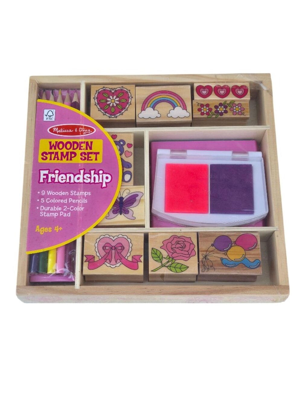 Melissa & Doug Wooden Stamp Set Friendship Stamps Colored Pencils Stamp Pad